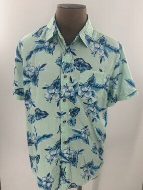 NWT Oliver & Burke Men's Hawaiian Shirt Green Blue Tropical Hibiscus Beach XL